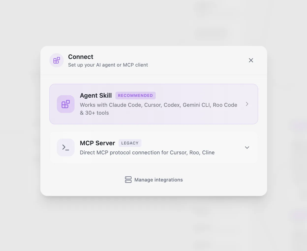 CodeSpring connection screen for coding agents and MCP tools.