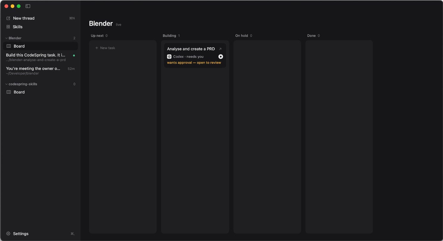 A Kanban board of build tasks moving from planned to in progress to done inside the CodeSpring coding agent