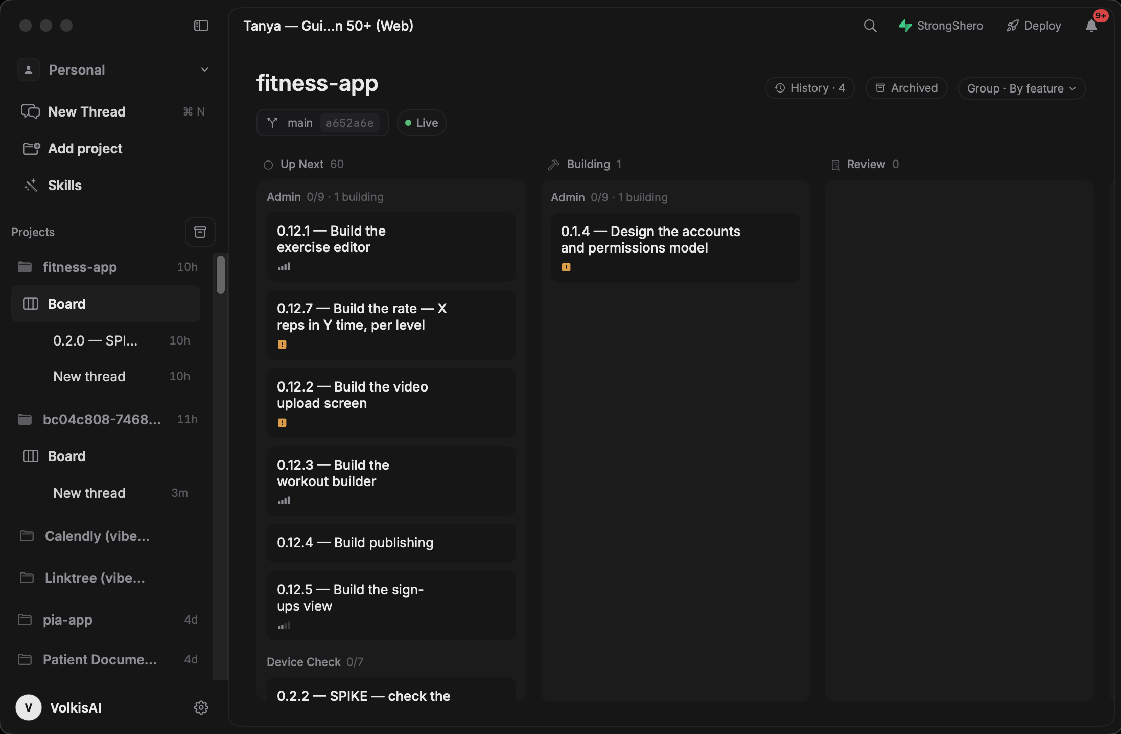 CodeSpring coding agent project board with a connected Supabase-backed app build and task status columns.
